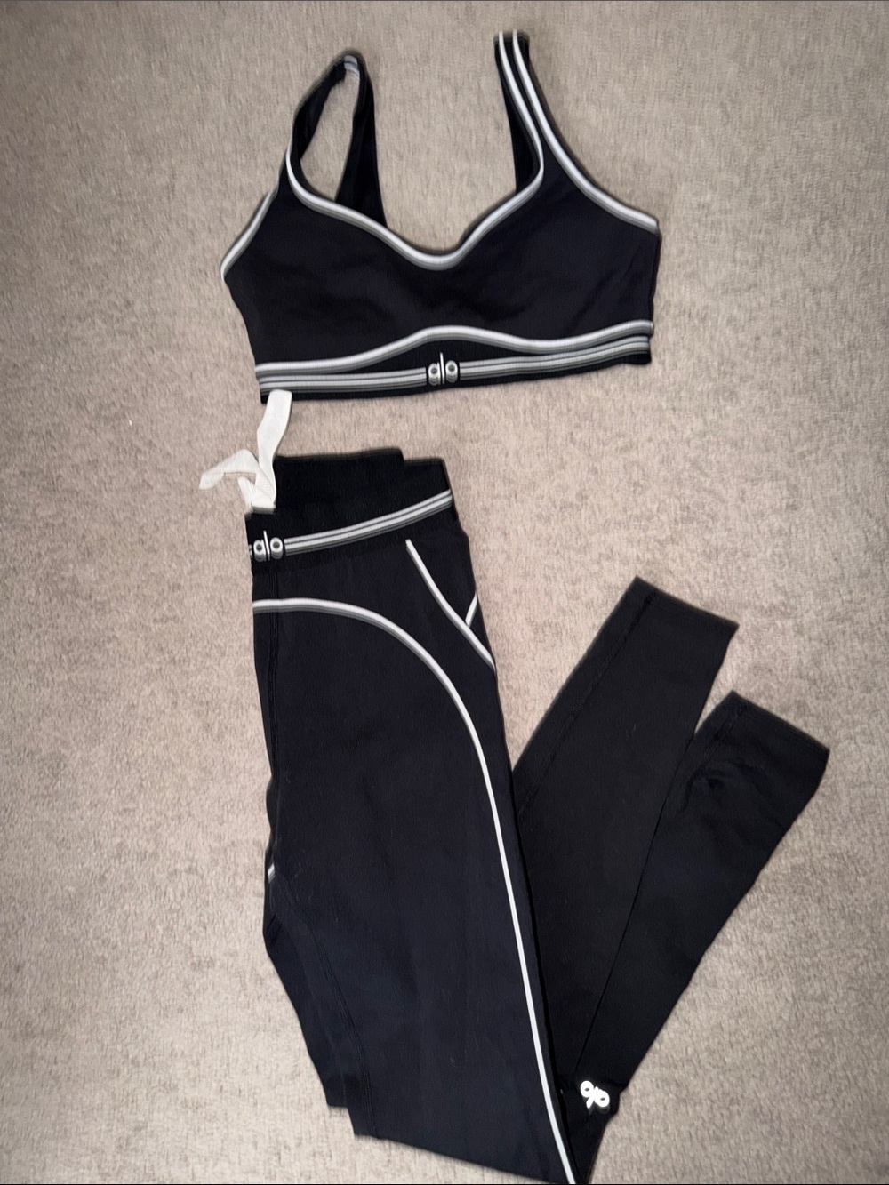 ALO Yoga Black and White Piped Leggings & Sports Bra Set